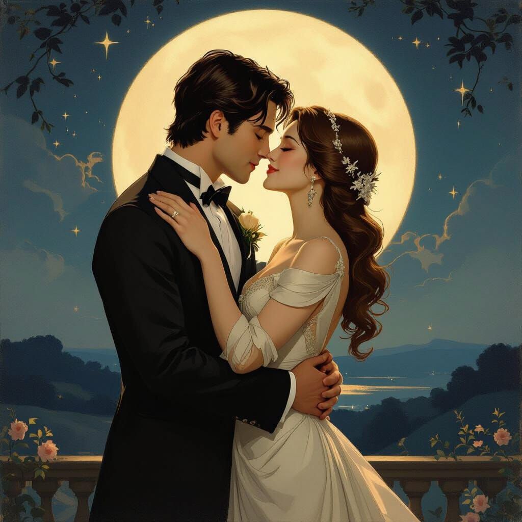 Romantic Kiss in Moonlight: Art Nouveau Style