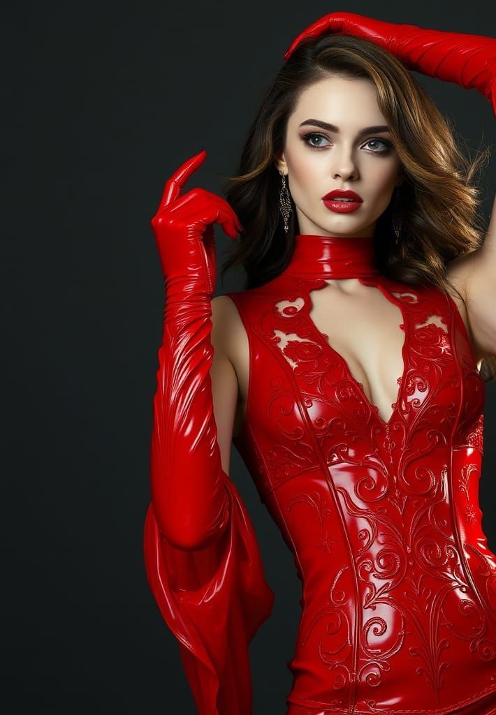 Hyperrealistic Woman in Red Latex Dress