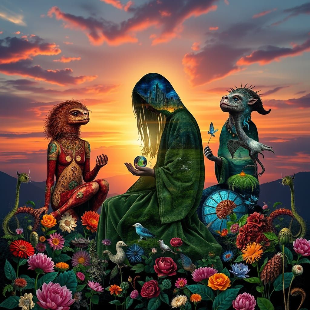Dreamlike Collage of Mythical Beings in Vibrant Sunset Lands...