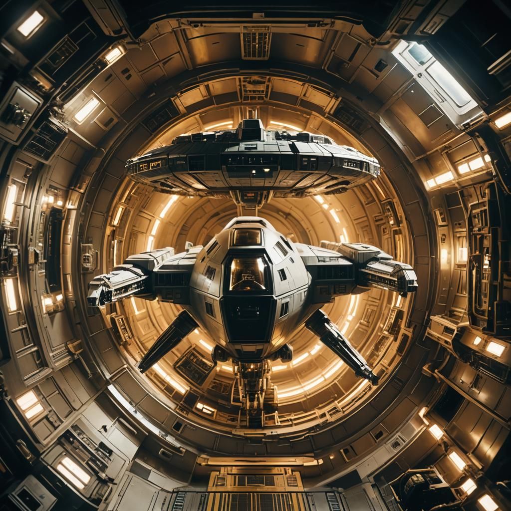 Science Starships Tethered in Space: Cinematic Film Still