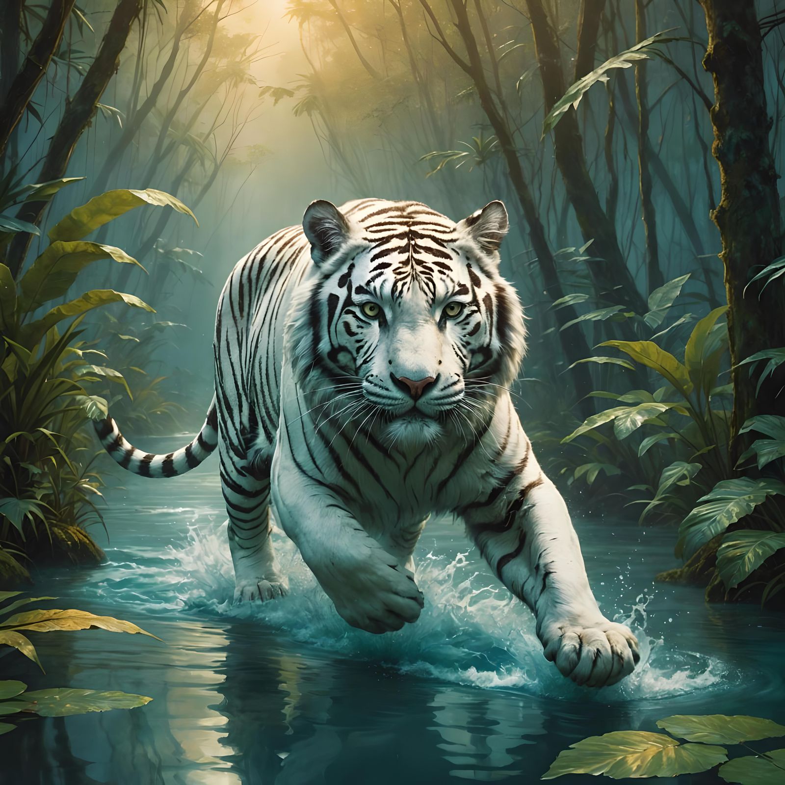 White Tiger Runs Through Jungle Stream