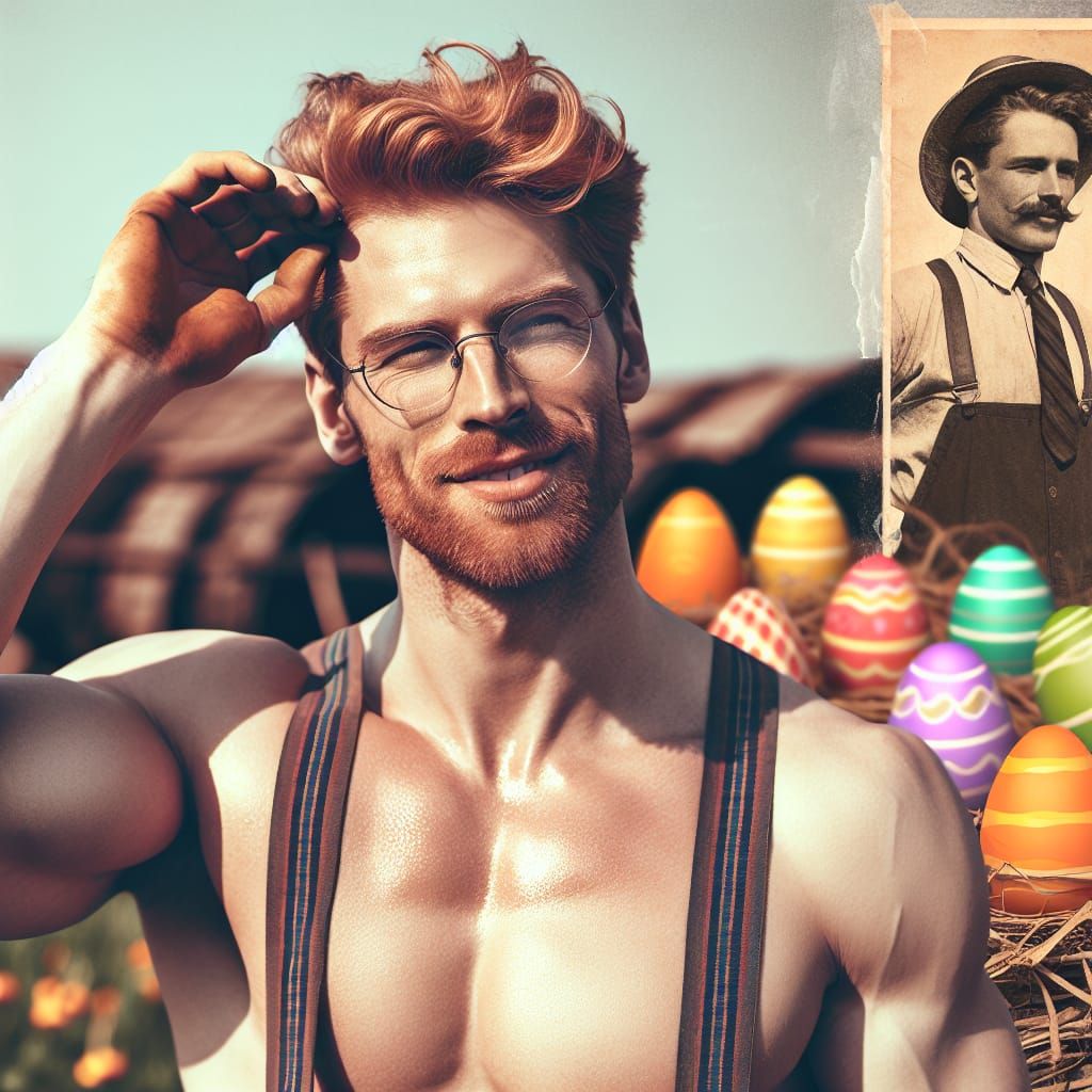 Vintage Farmer Wipes Sweat with Easter Eggs