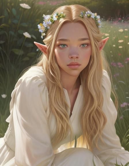 Elf-Eared Blonde in Floral Field: Comic Book Art