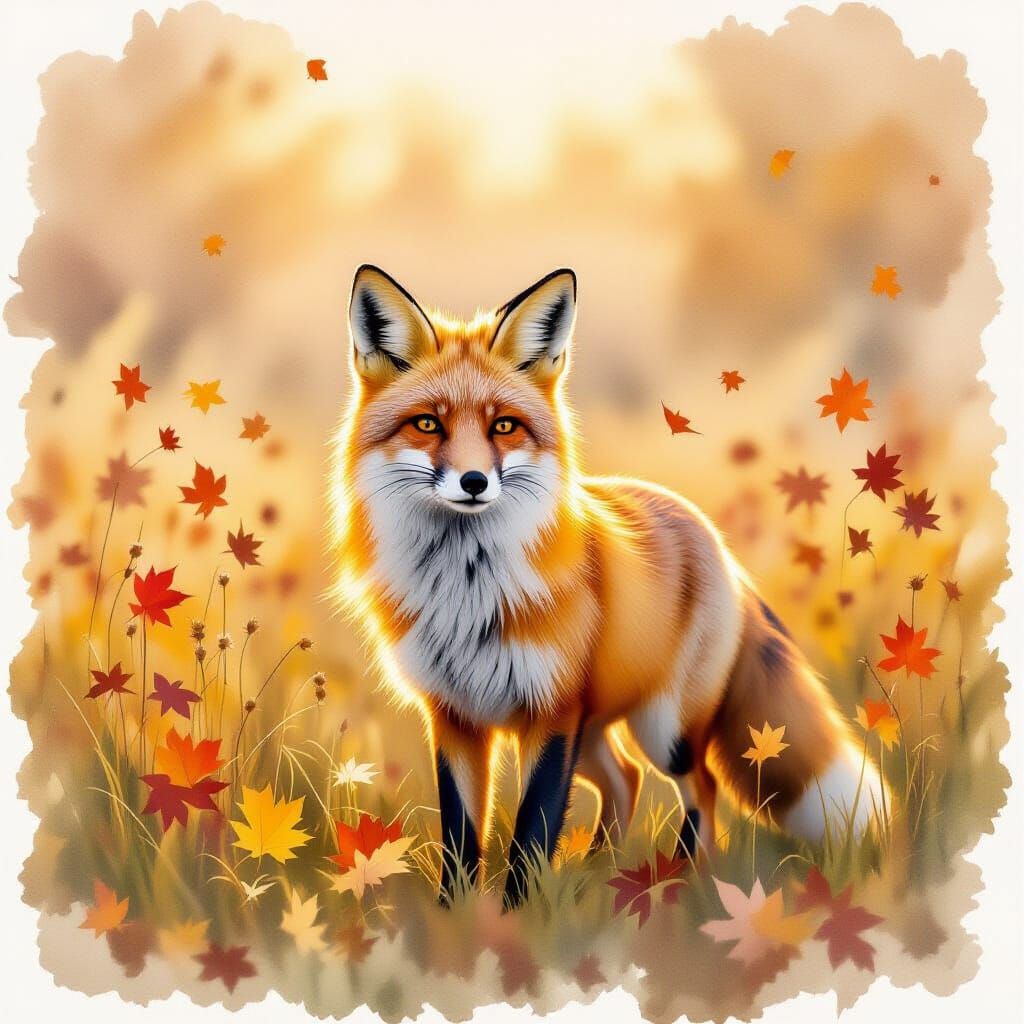 Red Fox in Dewy Meadow: Watercolour Painting