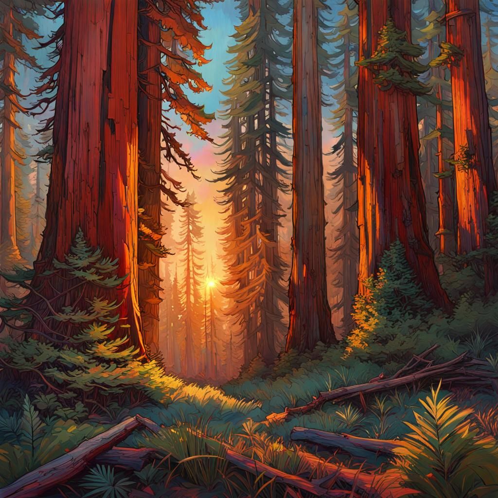Sunset Redwood Forestscape in Cubist Art Deco Style