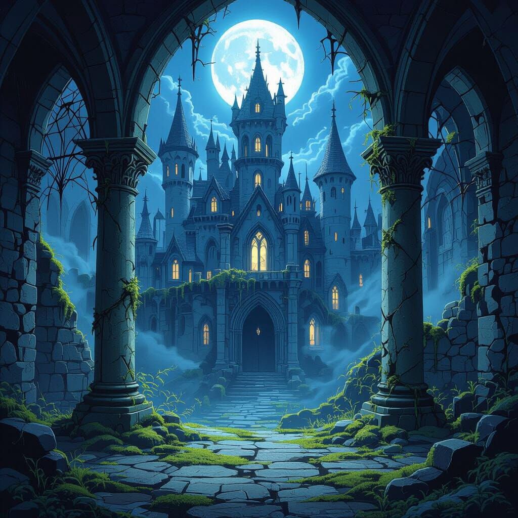 Gothic Castle Illustration Under Vibrant Moonlight