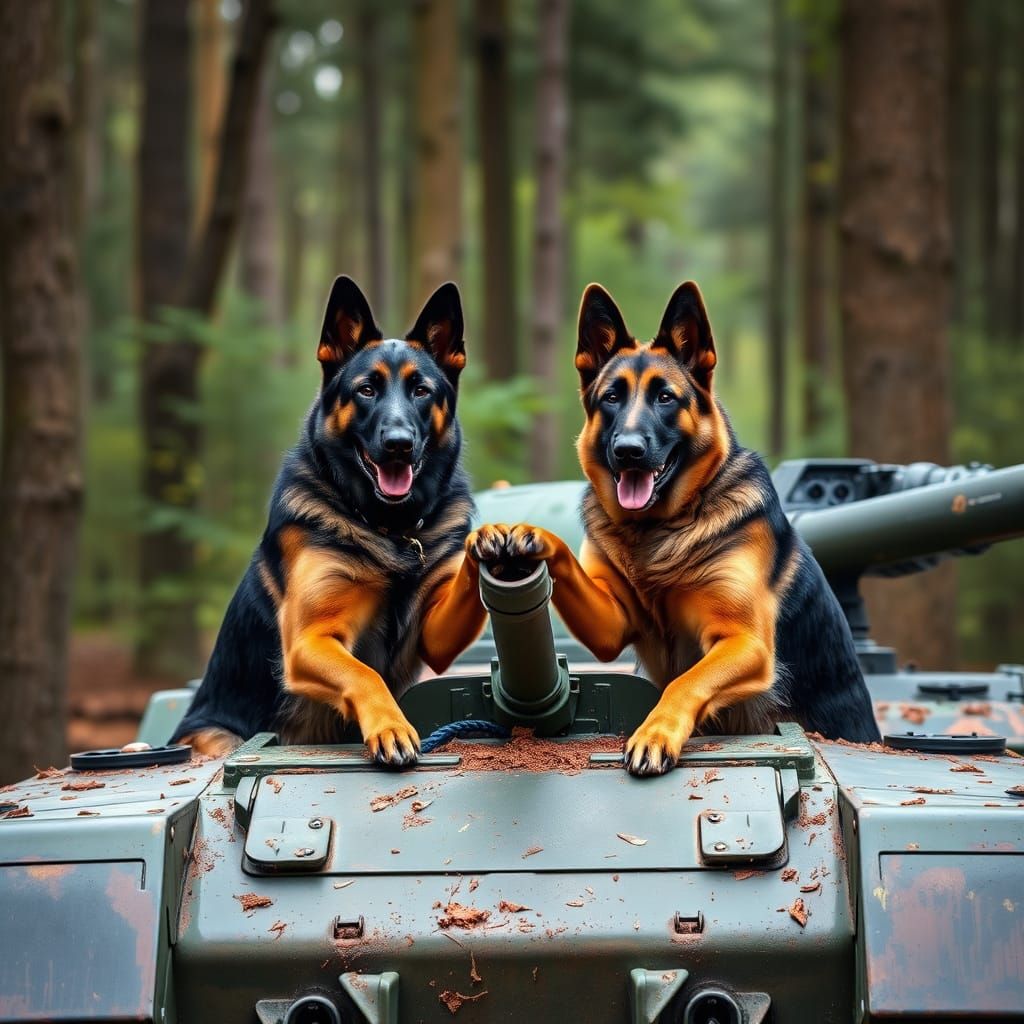 Canine Guardians Stand Watch Over Abandoned Tank in Forest L...