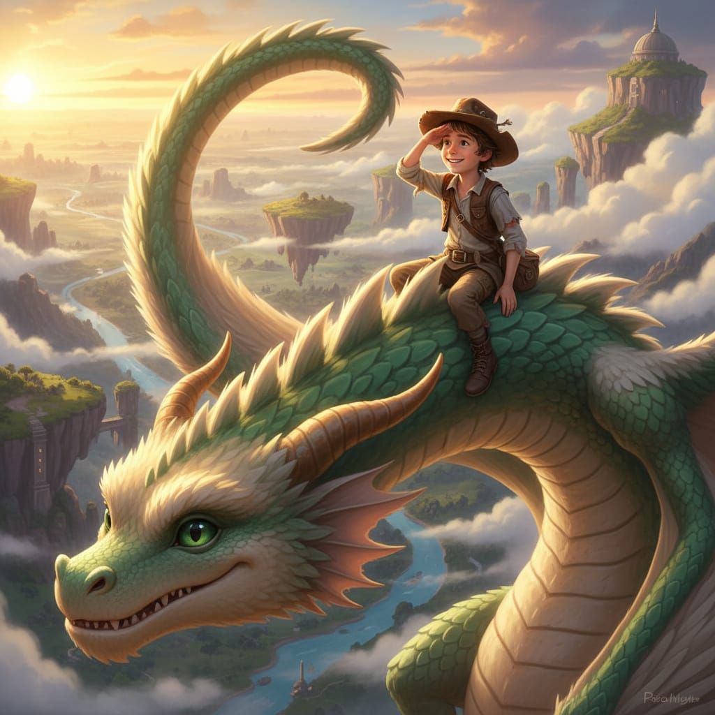 Boy on Dragon Tail Scanning Horizon, Photorealistic