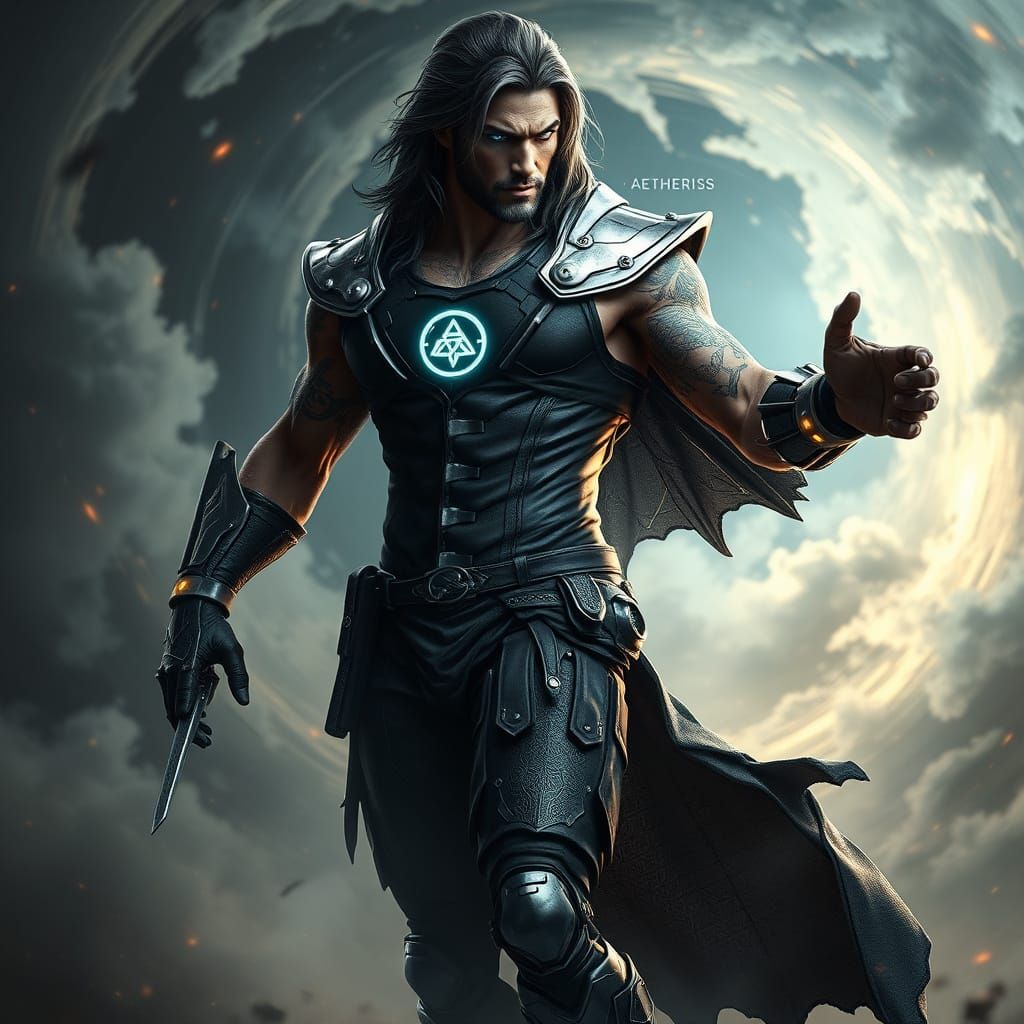 Cyberpunk Warrior Aetheris Stands Vigilant Amidst Ancient My...