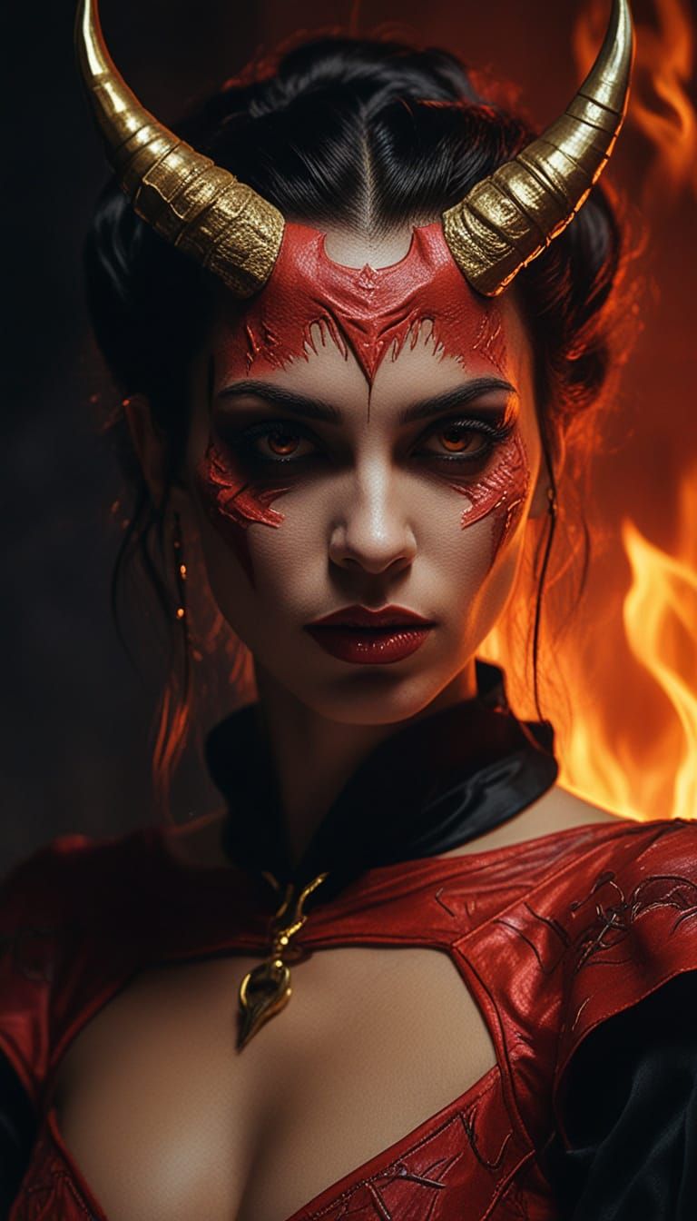 Sensual Devil Woman in Dark Fantasy Oil Painting