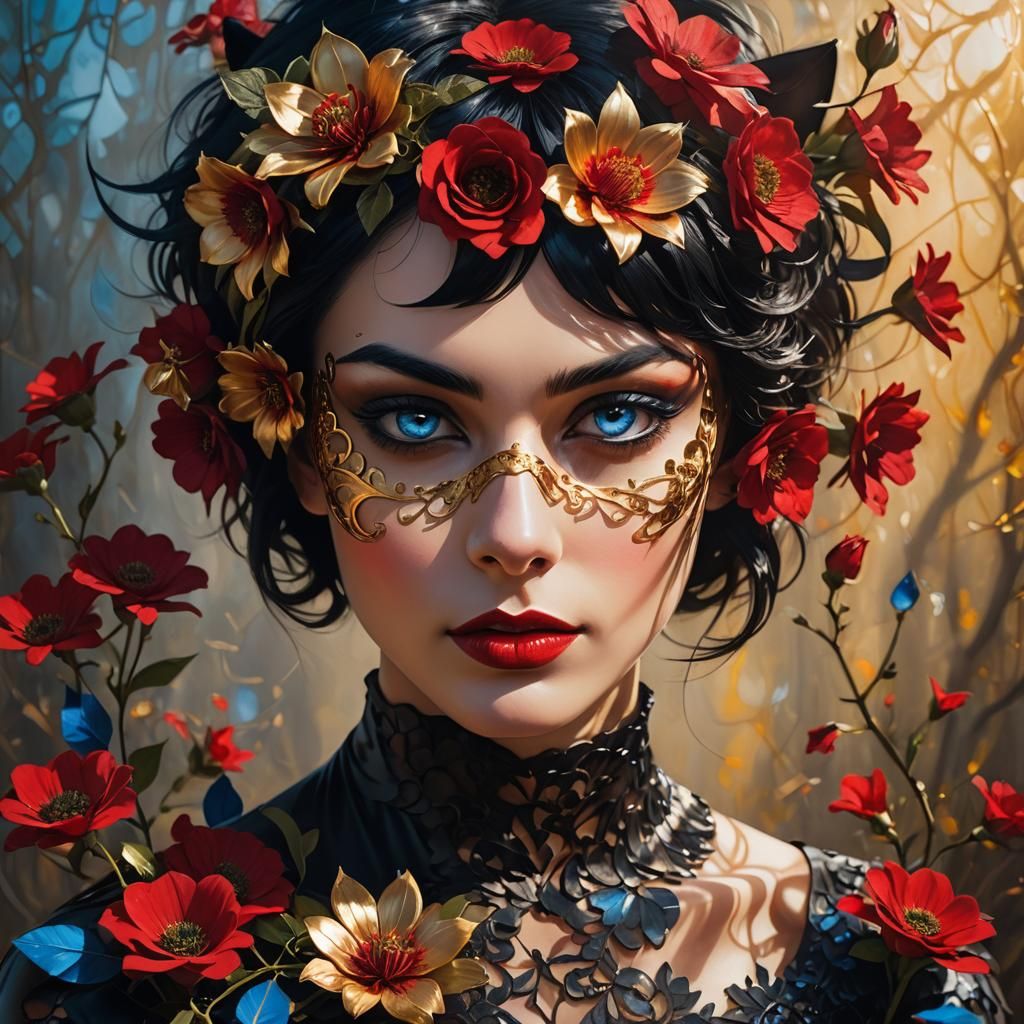 Woman in Mask with Red Flowers, Surreal Pop Art