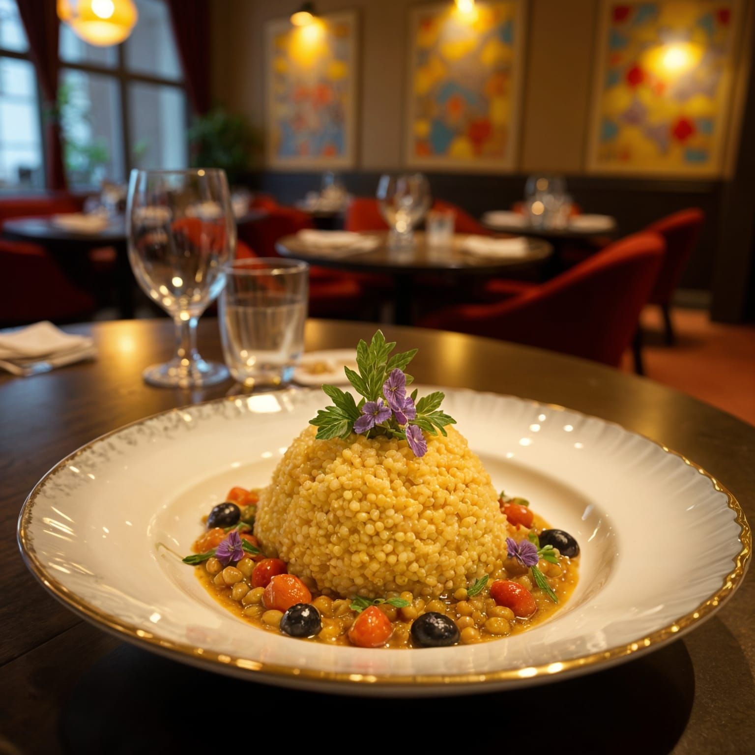 Elegant Couscous Presentation in Chic Restaurant