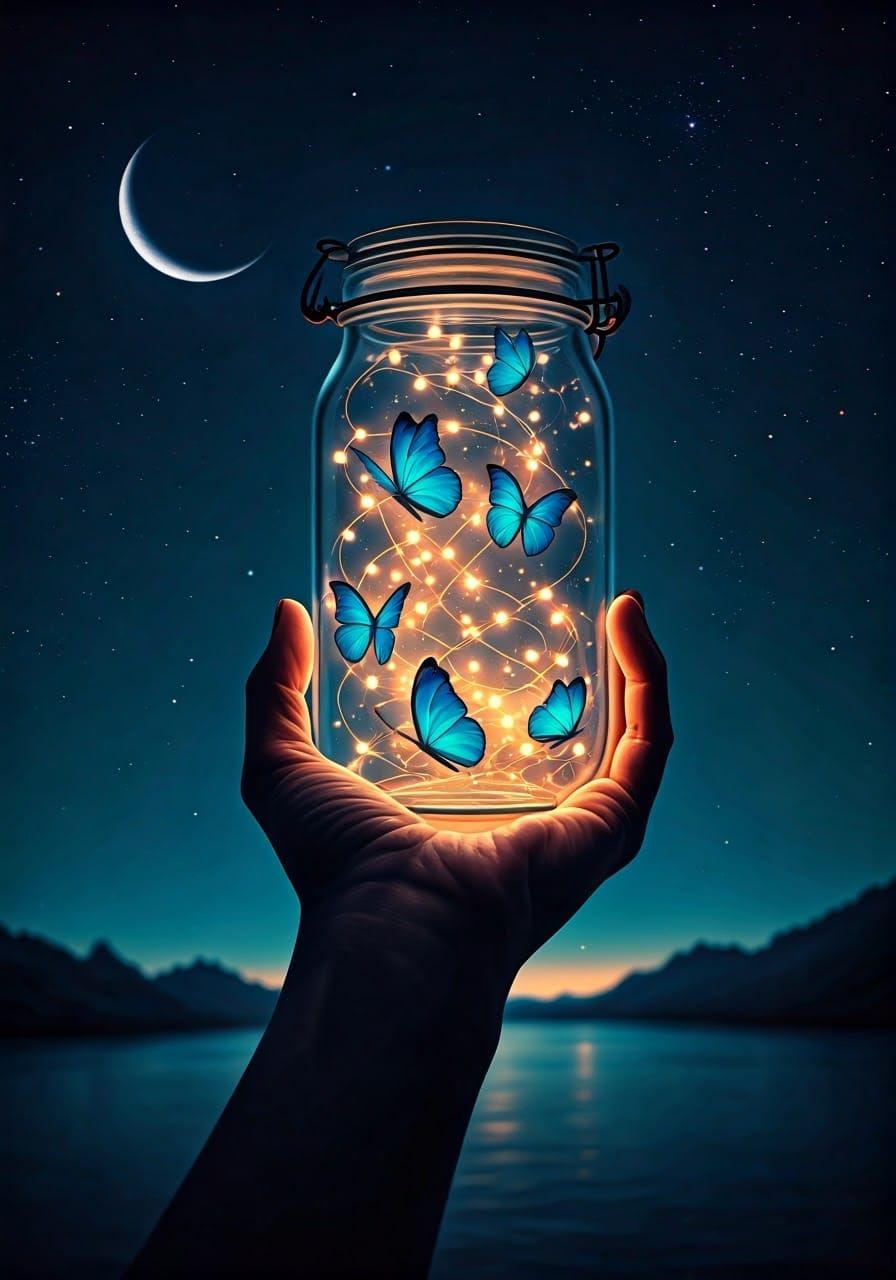 Glowing Jar of Twinkling Fairy Lights and Blue Butterflies i...