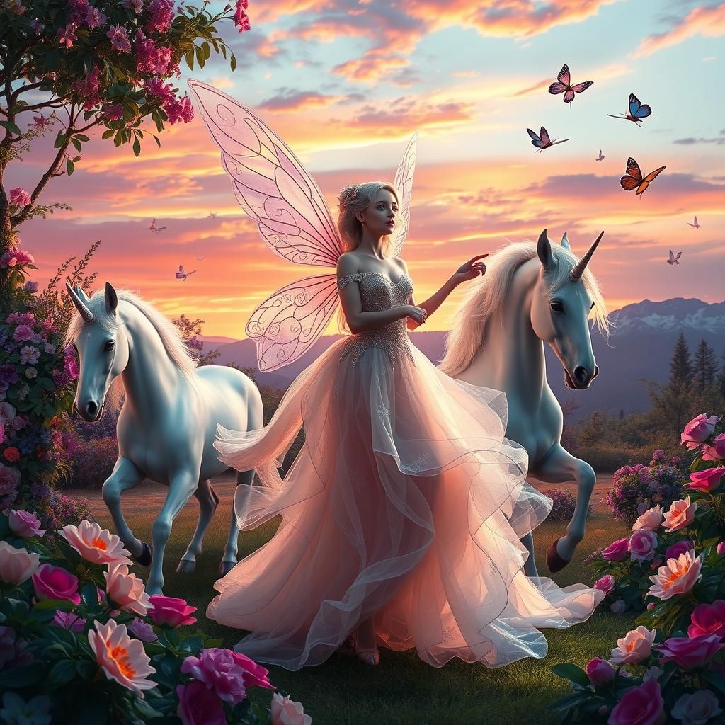 Iridescent Fairy with Unicorns in Dreamlike Garden