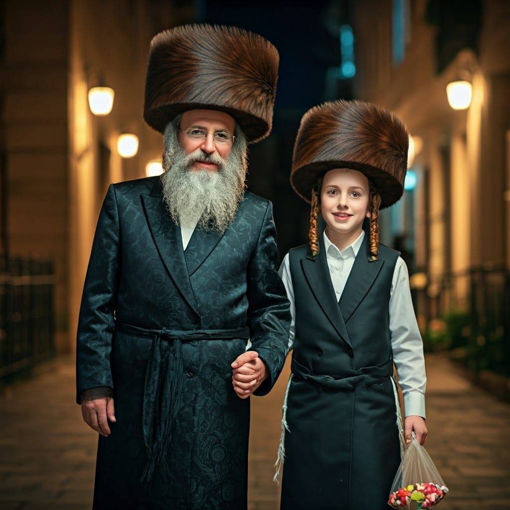 Young Orthodox Jewish Boy with Father on Shabbat Evening