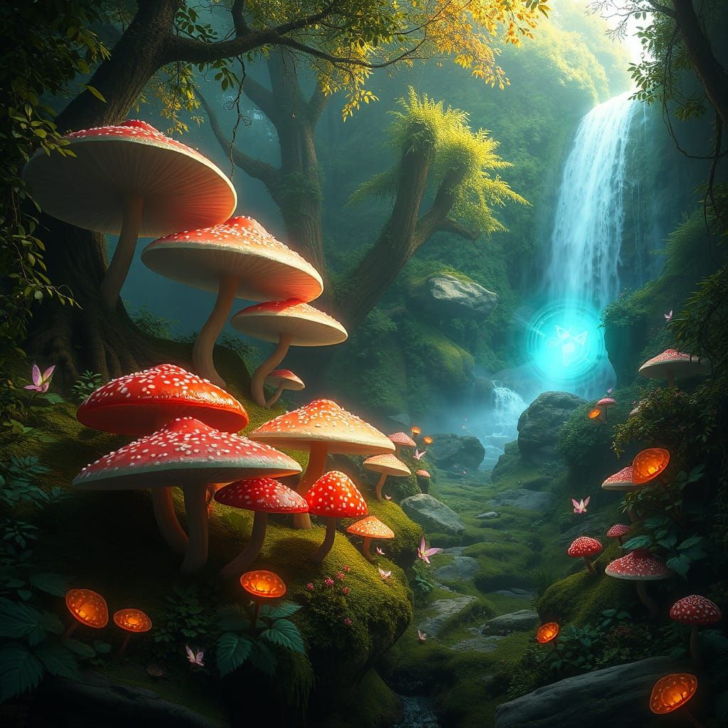 Lush Forest Landscape with Magical Waterfall