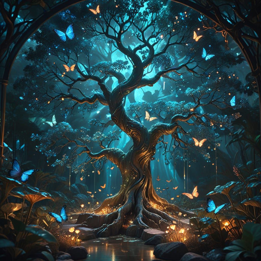 Zen Garden in Ancient Tree, Alphonse Mucha Style