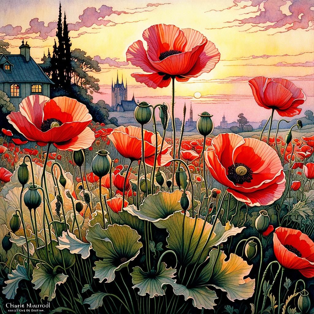 Poppies in Pink Evening Light, Detailed Illustration
