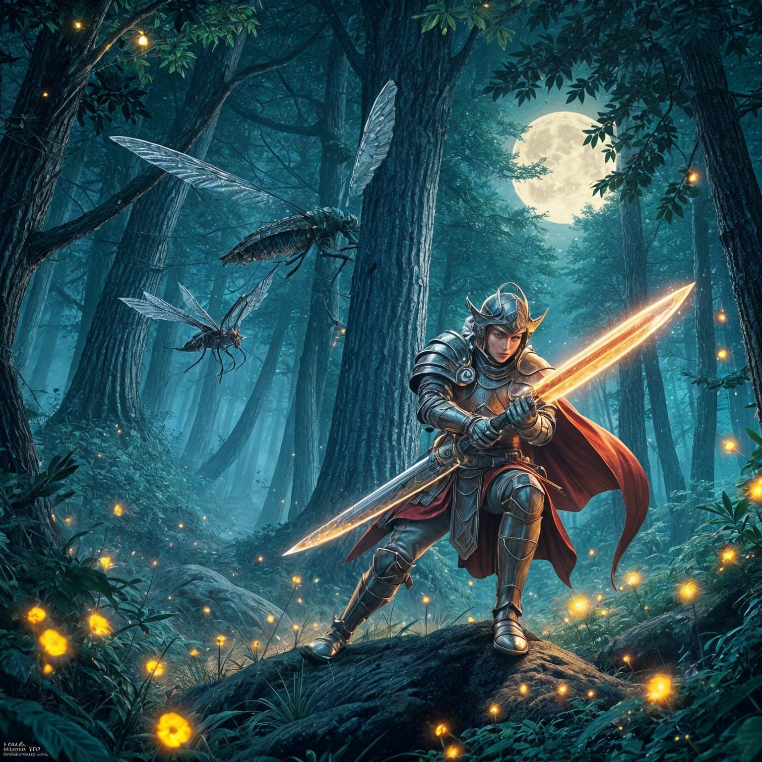 Knight Versus Giant Mosquito in Manga Style