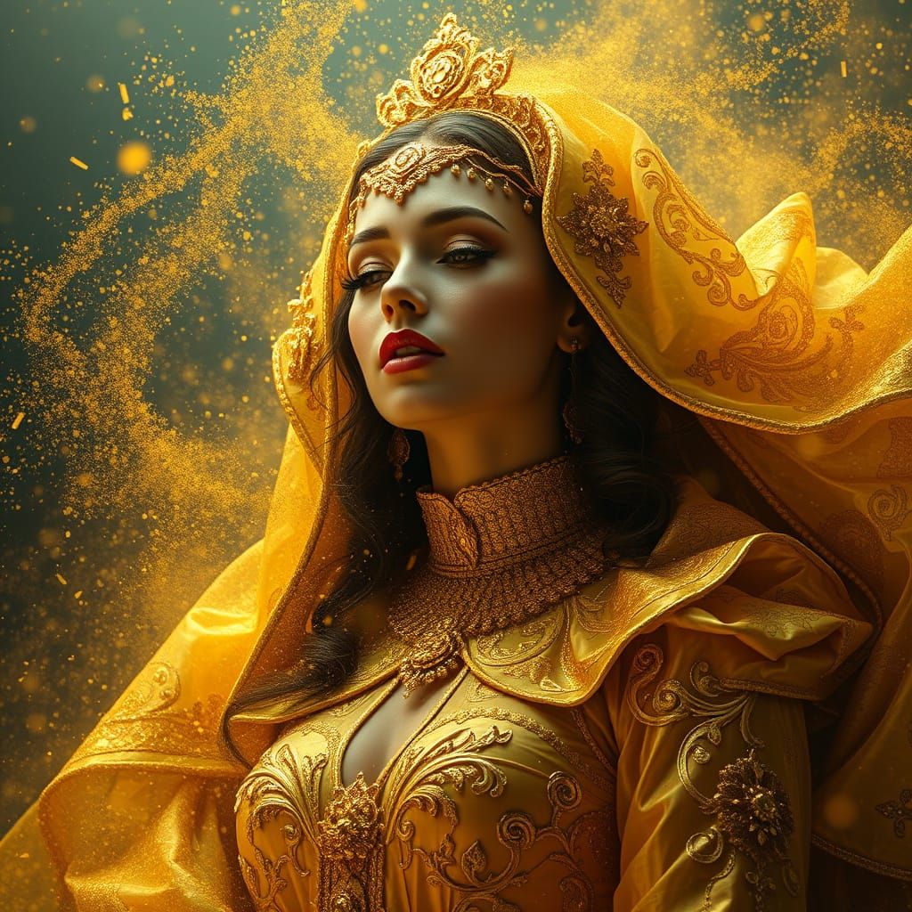 Golden Woman in Shimmering Air: Maximalist Digital Art