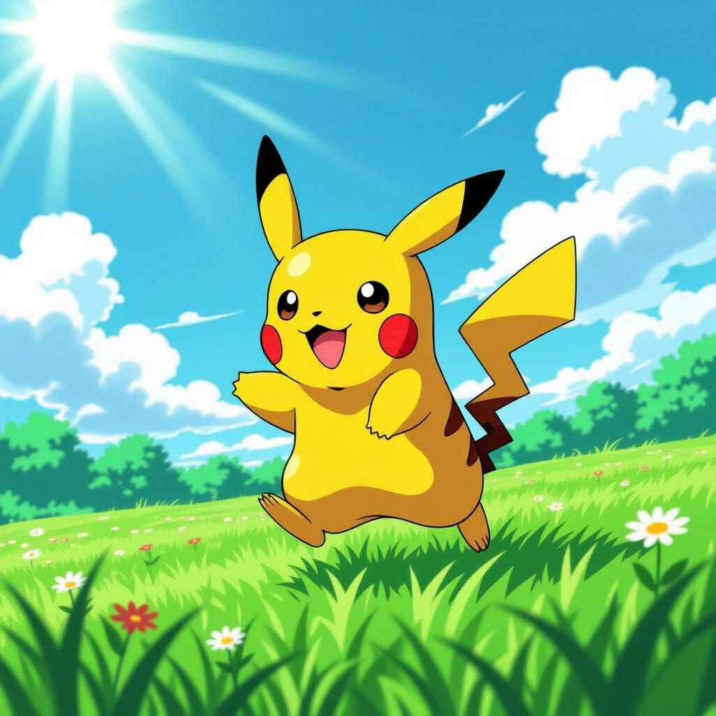 Playful Pikachu in Vibrant Anime Style Field