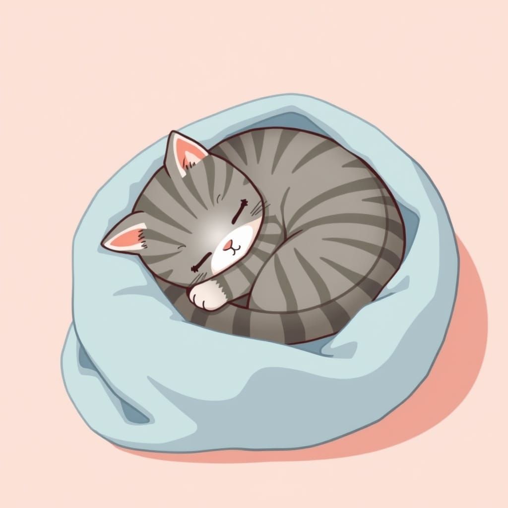 Kawaii Gray Striped Cat in Cozy Anime-Style Scene