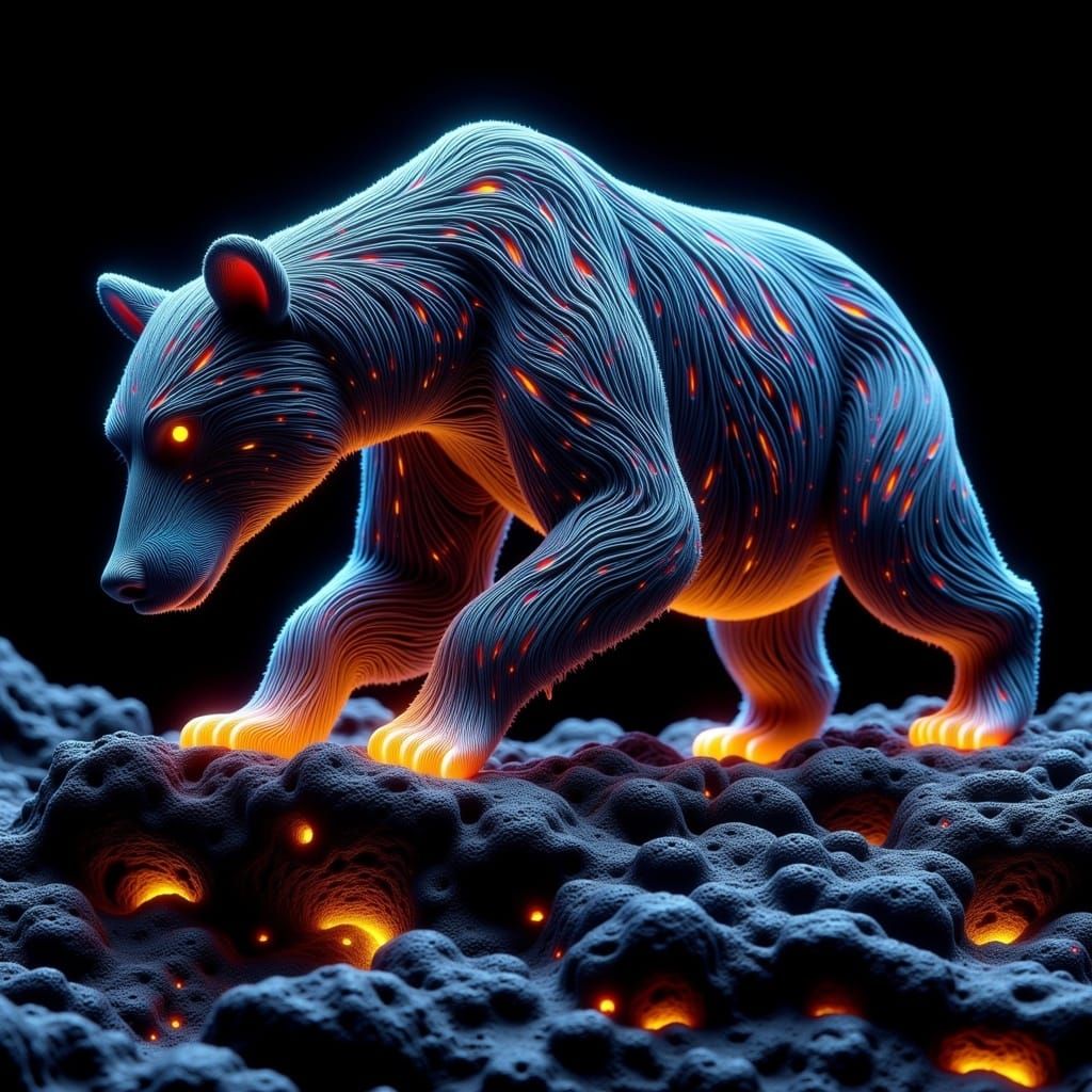 Glowing Biomechanical Bear Emerging from Lava Rock