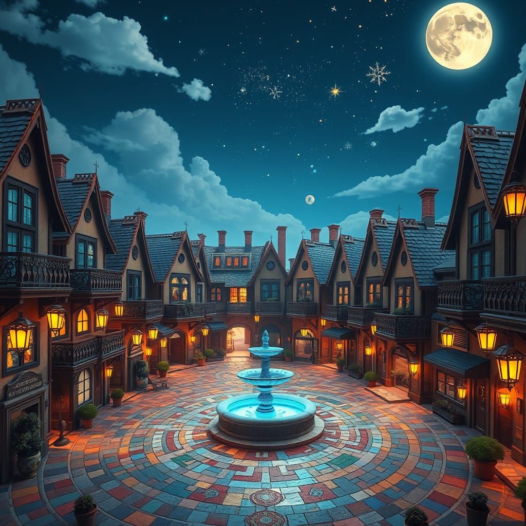 Whimsical Town Square in Vibrant, Fantastical Style