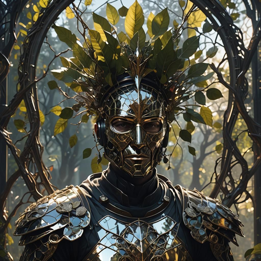 Armored Figure with Mirror Mask and Stained Glass Crown