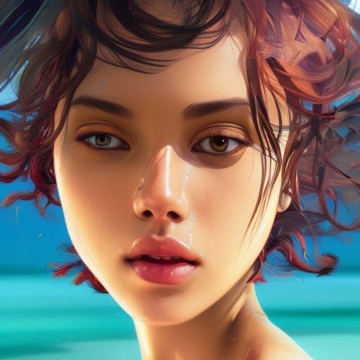 Hyperdetailed Portrait on Tropical Beach in Art Nouveau Styl...