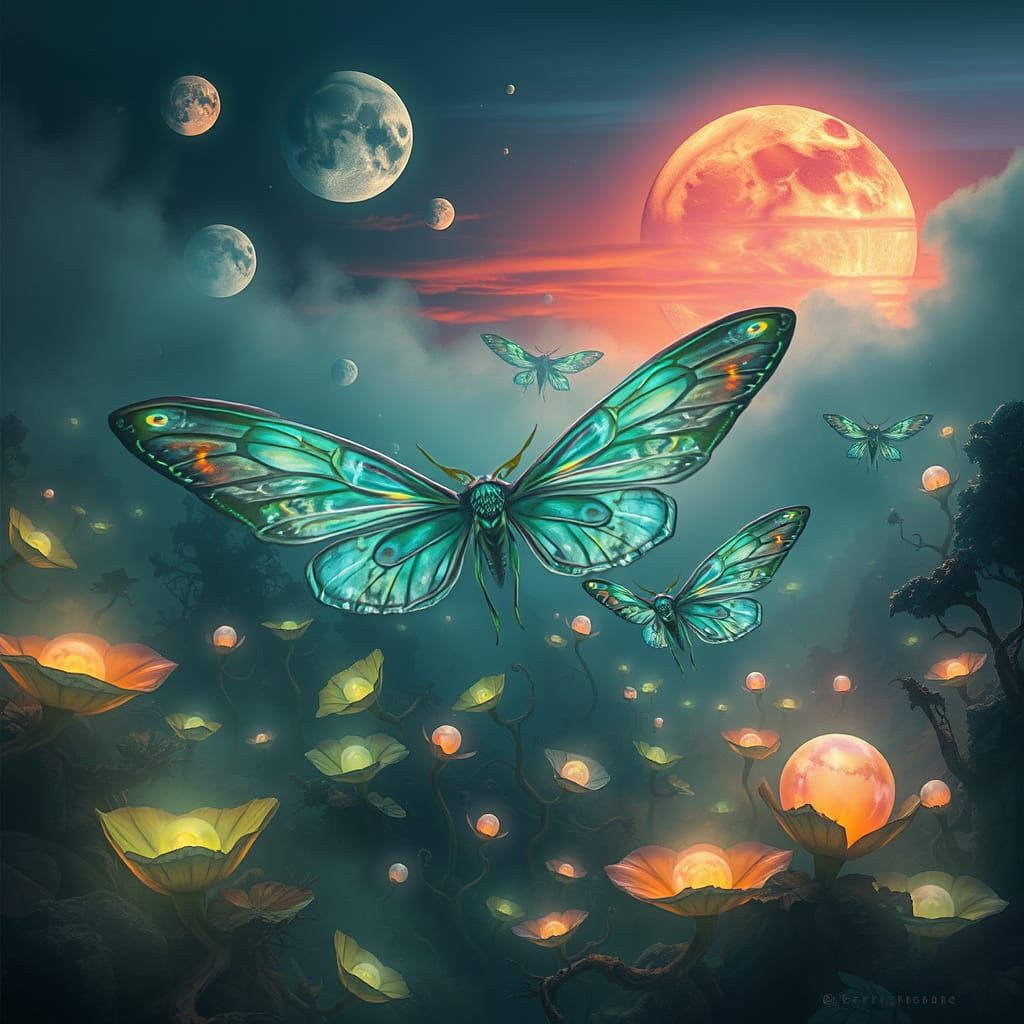 Luna-Like Moths in Ethereal, Dreamlike Alien World