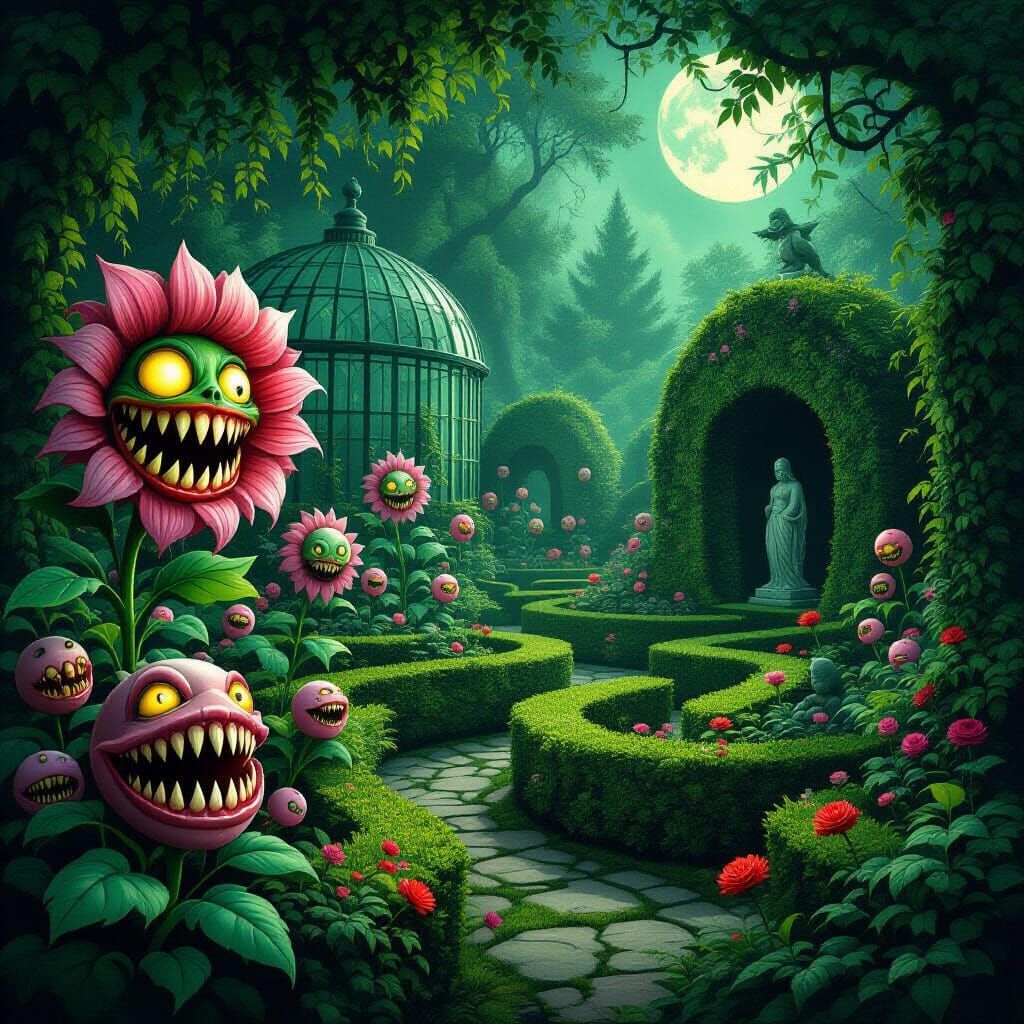 Creepy Overgrown Garden with Glowing Fungi