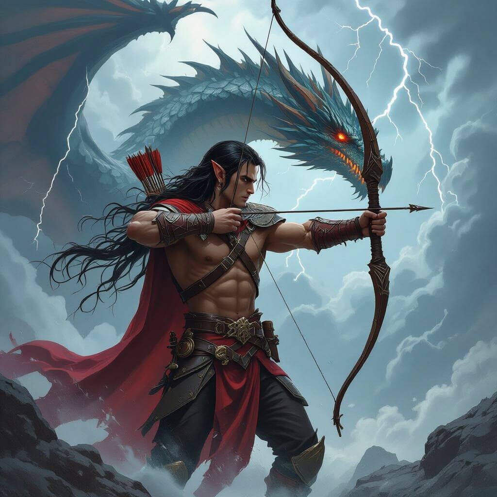 Elf Archer in Storm with Dragon, in Frazetta Style