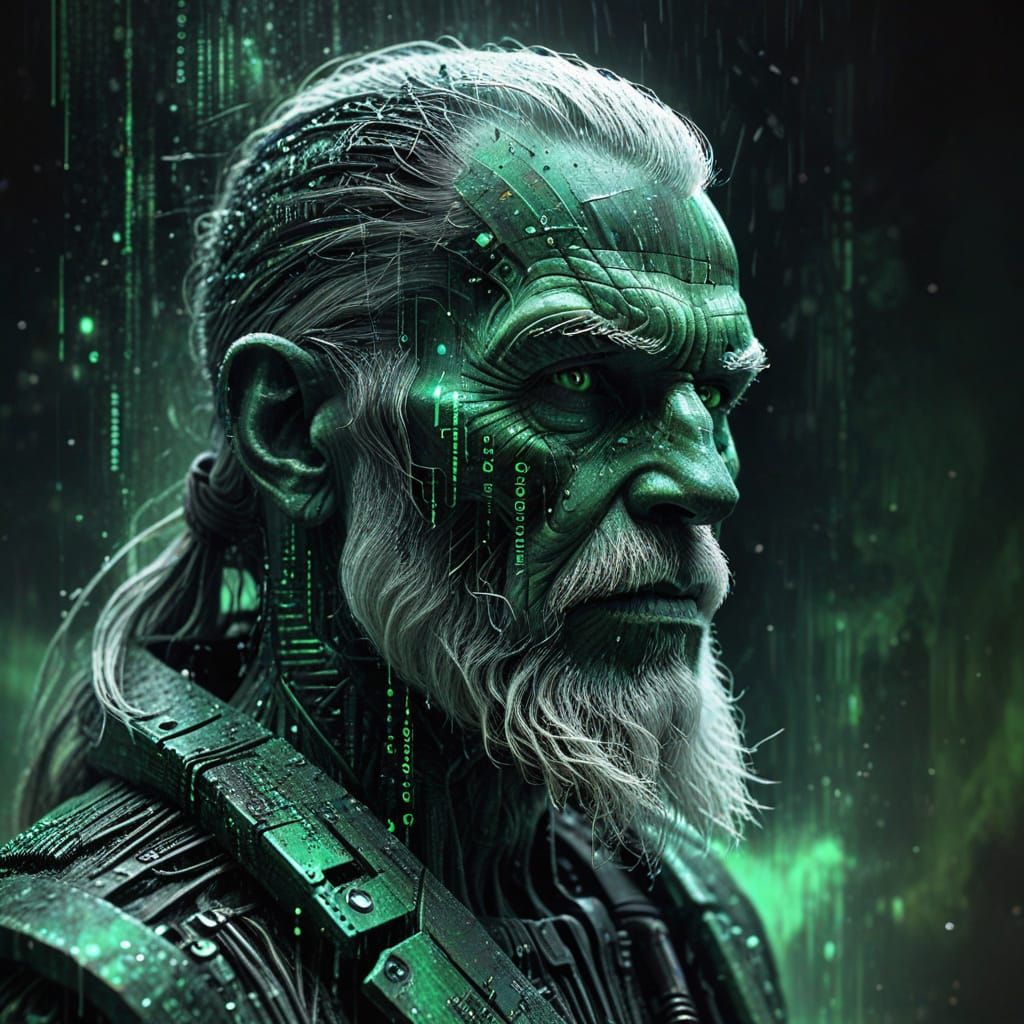 Weathered Old Man in Cyberpunk Matrix Code