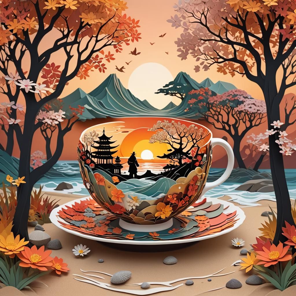 Magical Papercut Teacup with Autumn Beach Scene