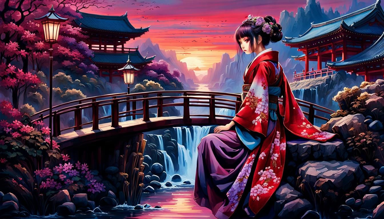 Japanese Android Princess on Ancient Bridge