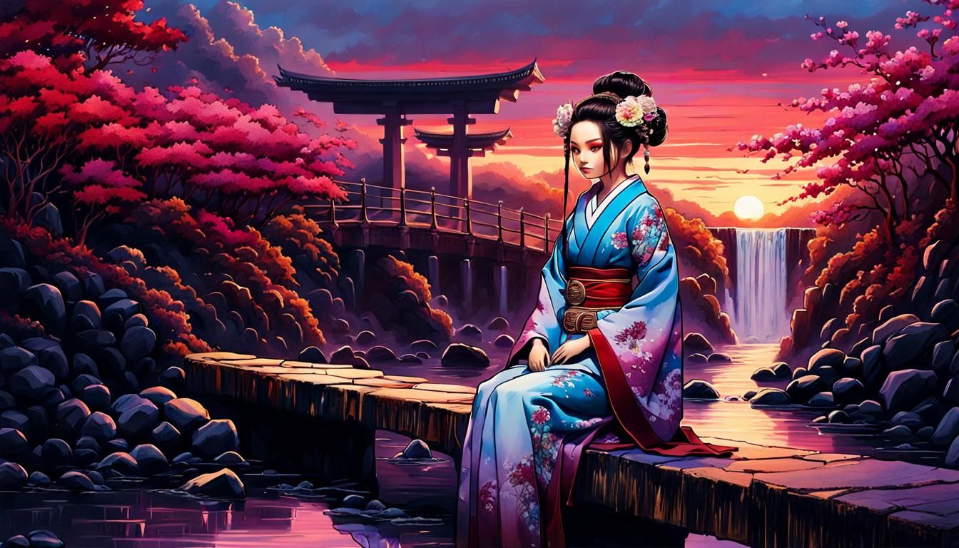 Japanese Android Princess on River Bridge