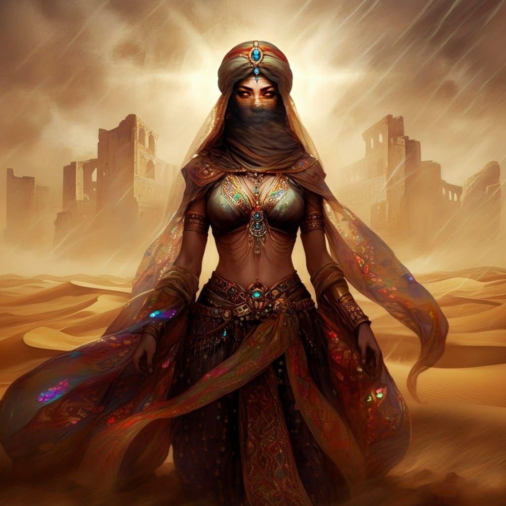 Nomad Queen Portrait in Desert Sandstorm, Manhwa Style