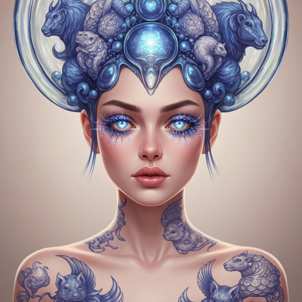 Indigo Lady with Mythical Headdress, Impasto Oil Painting