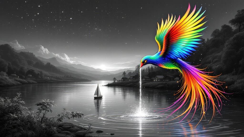 Rainbow Bird Drinks in Black and White Landscape