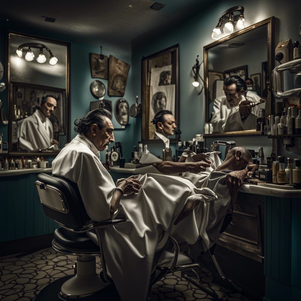 Surreal Barbershop Scene in Hyperrealistic Style