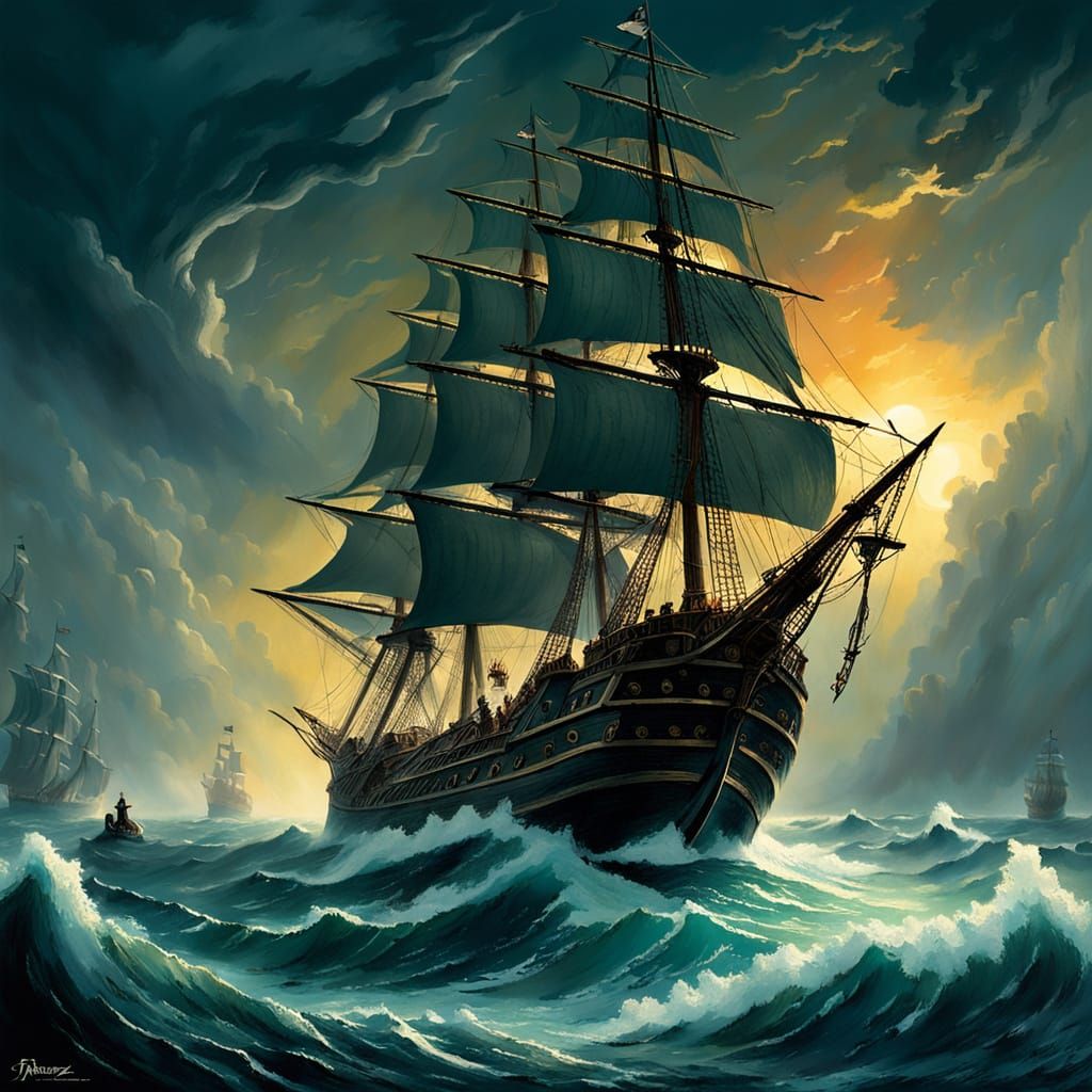 Pirate Ship in a Fantastical Stormy Seascape