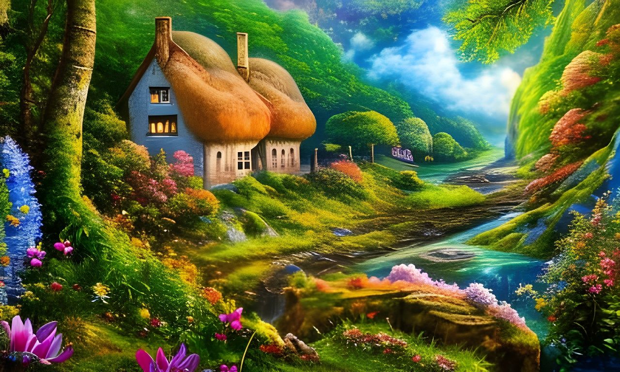 Magical Cottages in Forest at Sunrise: Hyperrealistic Art