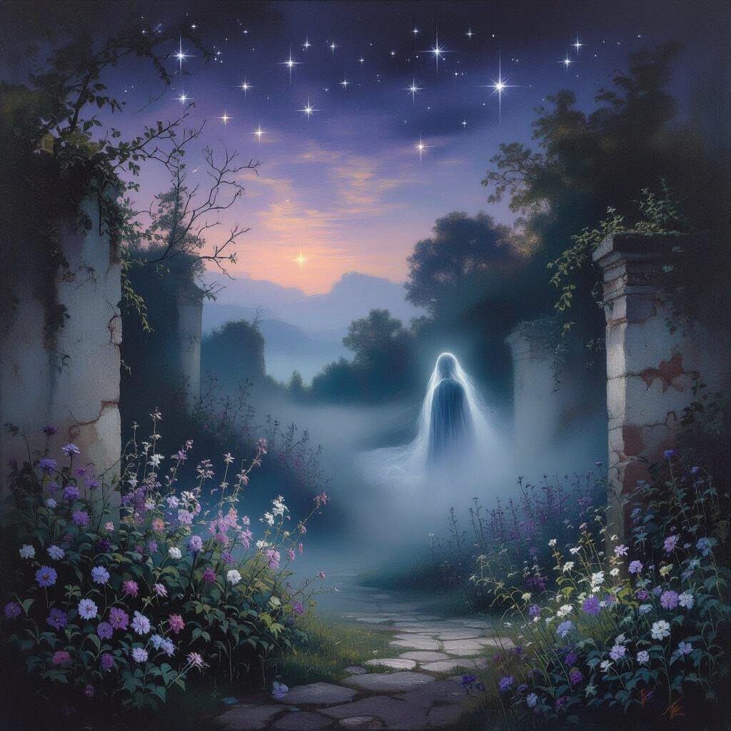 Dreamy Twilight Garden Painting in Symbolist Style