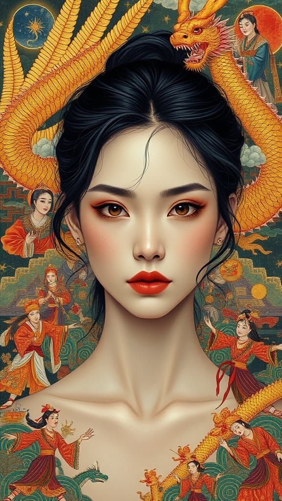Woman Gazes Calmly Amidst East Asian Figures and Dragons