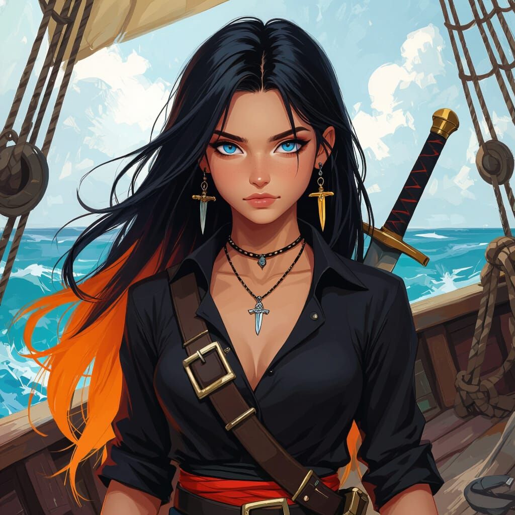 Pirate Girl with Sword on Ship: Digital Art