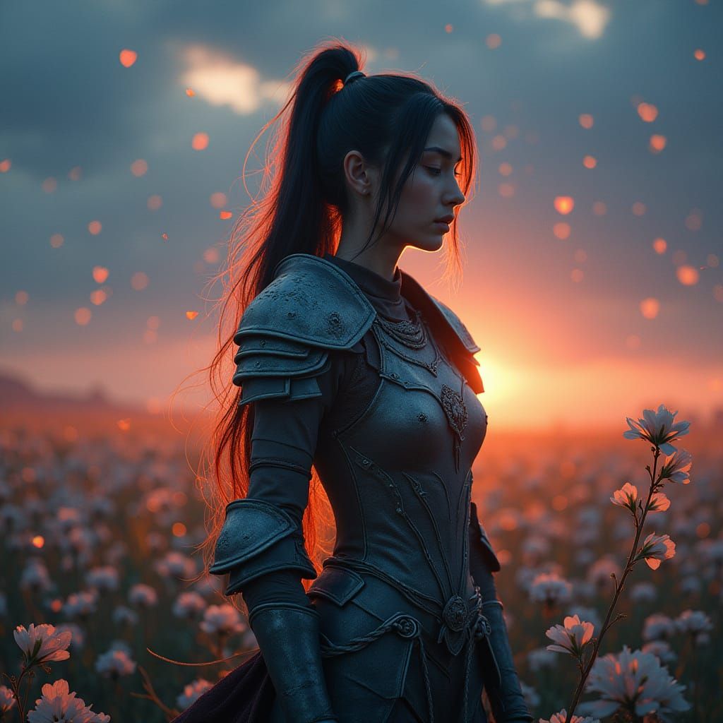 Armored Warrior Amidst Ethereal Battlefield