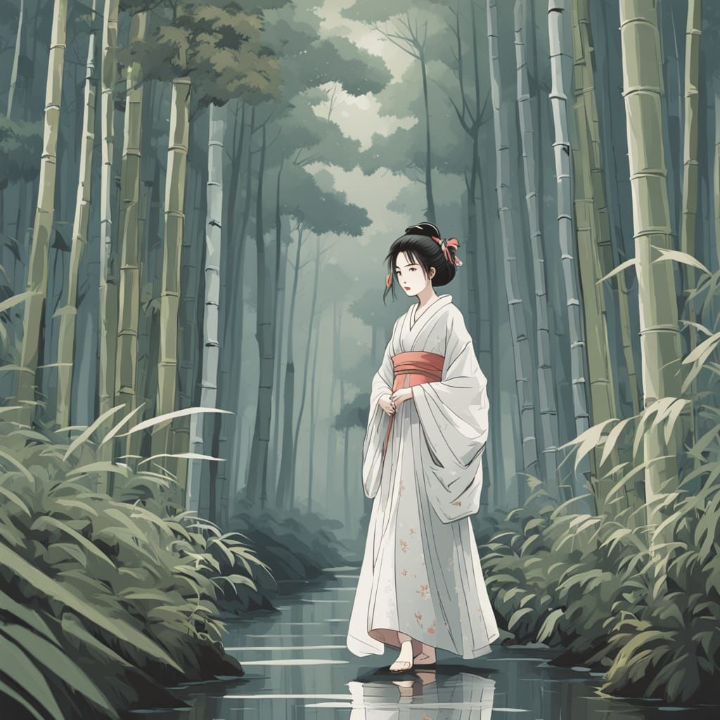 Geisha in Bamboo Forest: Ukiyo-e Style