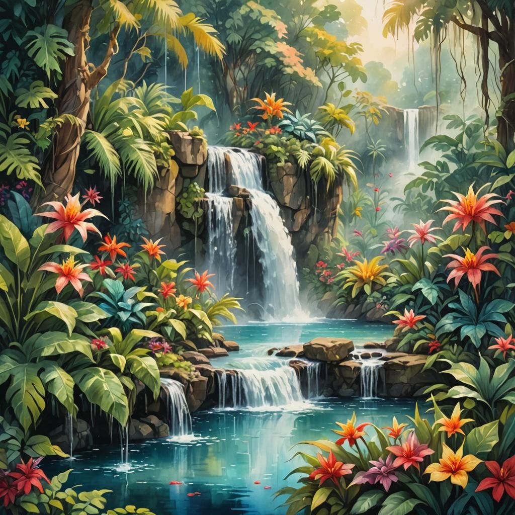 Majestic Waterfall with Exotic Plants in Gouache Style