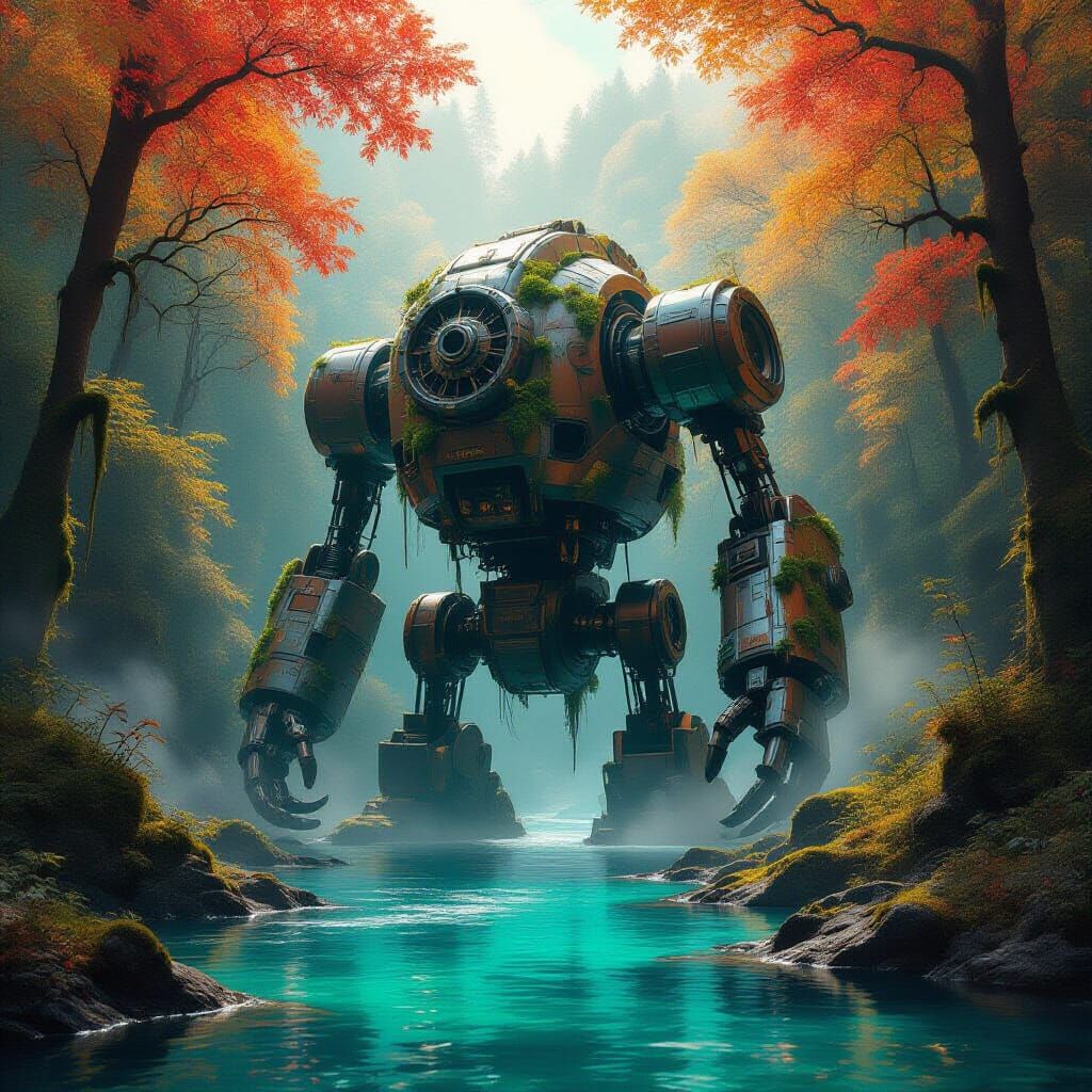 Ancient Automaton in Autumn Forest River